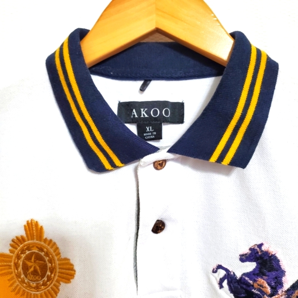 AKOO Cotton Pique White Pegasus Embroidered Polo Shirt Mens XL - Picture 2 of 8